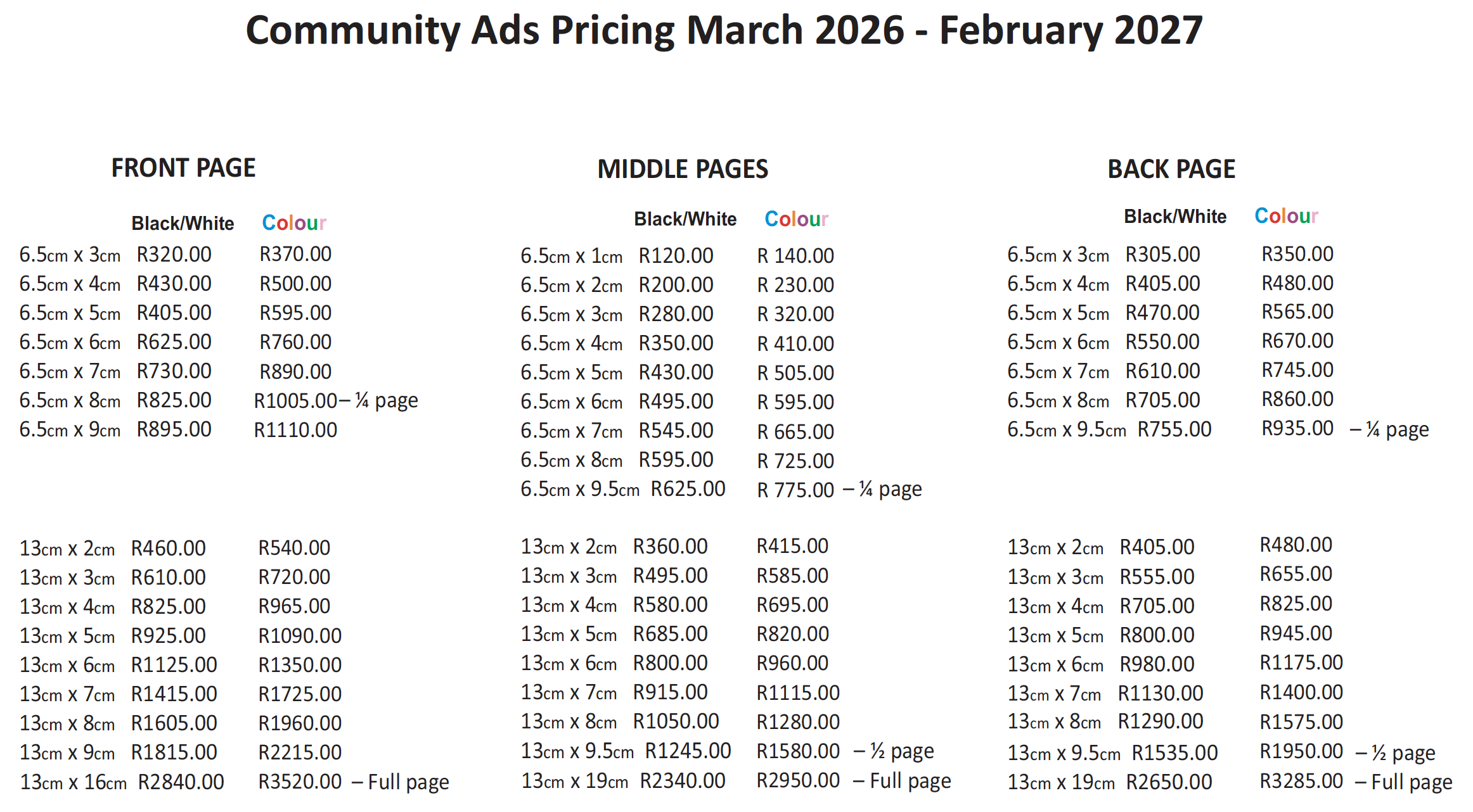 Community Ads Pricelist 2026